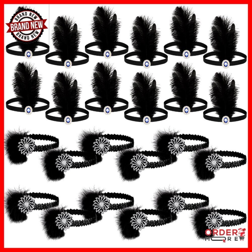 24 Pcs 1920s Flapper Headbands Feather Hair Accessories Party Costume Decor